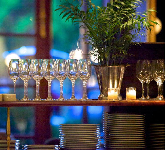 Wine glasses and restaurant atmosphere at The French Laundry